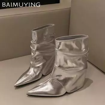 Острый носок женские ботильоны модные плиссированные туфли на среднем каблуке кожаные туфли тренд готический дизайнер зимние новые челси Botas De Mujer 35