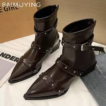 Острый носок женские ботильоны на среднем каблуке повседневная кожаная обувь женская 2025 тренд зима дизайнерский бренд панк челси боты женские 35 коричневый