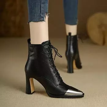 Острый носок женские ботильоны сексуальные высокие каблуки кожаные туфли высокого качества трендовые осенние ботинки модные на шнуровке готические ботинки женские 35