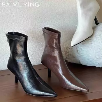 Острый носок женские ботильоны сексуальные высокие каблуки кожаные туфли 2025 тренд зимняя мода новые туфли-лодочки гладиаторские челси Botas Mujer 34 покинуть белый