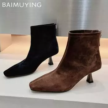 Острый носок женские ботильоны замшевые туфли на среднем каблуке сексуальная обувь тренд зимние новые брендовые дизайнерские туфли-лодочки модные готические туфли Botas De Mujer 35