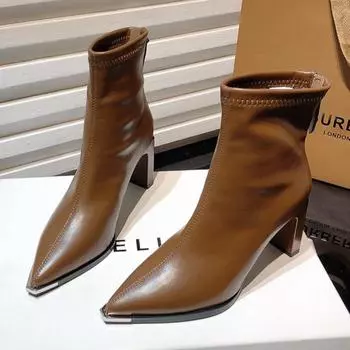 Острый носок женские модные зимние ботильоны на высоком каблуке сексуальные ботинки челси трендовые массивные кожаные зимние туфли готические ботинки женские 35
