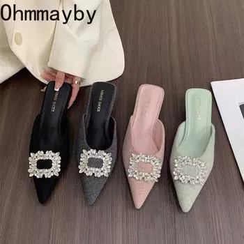 Острый носок женские мюли тапочки обувь мода кристалл украшения слайды дизайн стиль низкий каблук банкетные сандалии обувь 35 серый