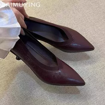 Острый носок женские туфли на высоком каблуке сексуальные элегантные туфли из неглубокой кожи женские 2025 тренд зимняя мода платье прогулочные Zapatillas 35 чёрный