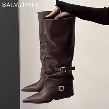Острый носок Женские высокие сапоги на массивном каблуке Кожаные туфли Женские зимние туфли-лодочки 2025 года в готическом стиле с пряжкой Челси Botas De Mujer 35 бежевый