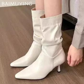 Острый носок женские высокие сапоги на среднем каблуке сексуальные туфли кожаные туфли до середины голени зимние новые женские туфли-лодочки трендовые туфли-лодочки модные туфли-лодочки женские 35