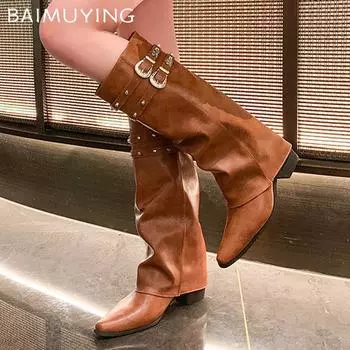 Острый носок Женские высокие сапоги на среднем каблуке Дизайнерская обувь До колена Классические мотоциклетные сапоги Тренд Зимние готические ботинки Botas De Mujer 35