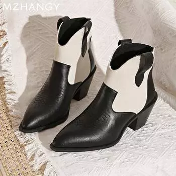 Острый носок женские зимние ботильоны кожаные на среднем каблуке модная обувь женская 2024 тренд зимние ботинки челси новые туфли-лодочки Mujer Botas 36 бежевый