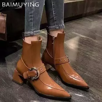Острый носок женские зимние ботильоны на среднем каблуке сексуальная обувь модные кожаные зимние ботинки челси трендовые массивные туфли-лодочки Botas Mujer 35