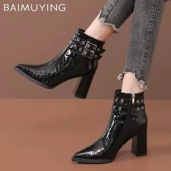 Острый носок женские зимние ботильоны на высоком каблуке сексуальные туфли кожаные массивные зимние модные ботинки 2024 года дизайнерские туфли-лодочки Botas Mujer 35 чёрный