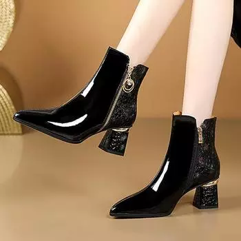 Острый носок женские зимние ботильоны сексуальные туфли на высоком каблуке кожаные массивные зимние ботинки челси трендовые гладиаторы Zapatos Lady 35