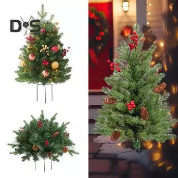 Освещенная рождественская елка, искусственная рождественская сосна с шишкой, красными ягодами, работающая от батареек, праздничная зимняя елка для сада, газона, двора D