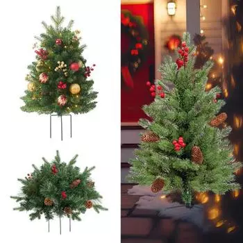 Освещенная рождественская елка, искусственная рождественская сосна с шишкой, красными ягодами, работающая от батареек, праздничная зимняя елка для сада, газона, двора D