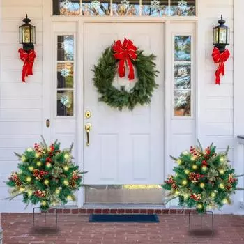 Освещенная рождественская елка на батарейках, праздничные кашпо, украшение 16 дюймов, искусственная рождественская сосна с шишками и ягодами для улицы 1pc