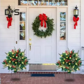 Освещенная рождественская елка, работающая от батареек, праздничные кашпо, украшение, 16 дюймов, искусственная рождественская сосна с шишками и ягодами для уличного праздника 1pc