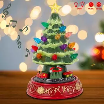 Освещенная рождественская елка с вращающимся поездом, предварительно освещенное настольное украшение, анимированная рождественская елка с лампочками в виде звездочек, рождественское украшение