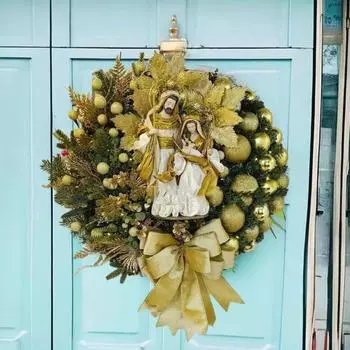 Освещенная рождественская сцена, рождественский венок, светящаяся фигурка Иисуса в виде святого семейства, венок со светодиодными лампами, зимняя праздничная гирлянда на входную дверь для фермерского дома A красный