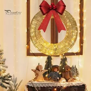 Освещенный рождественский венок, большой рождественский венок с красным бантом для входной двери, окна, крыльца, праздничного декора золотистый