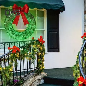 Освещенный рождественский венок, большой рождественский венок с красным бантом для входной двери, окна, крыльца, праздничного декора красный
