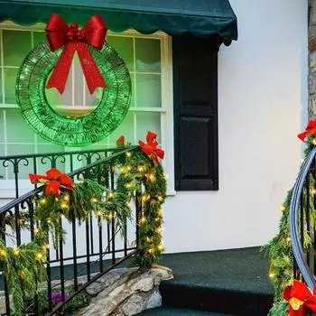 Освещенный рождественский венок, большой рождественский венок с красным бантом для входной двери, окна, крыльца, праздничного декора красный