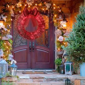 Освещенный рождественский венок, украшение, большой рождественский венок с красным бантом спереди красный