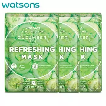 Освежающая маска Watsons Love My Glow Cucumber, 100% веганская, дерматологически протестировано, 30 мл. x 3 шт. - Маска для лица, Тканевая маска 30 ml. x 3 pcs