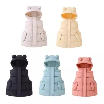 От 1 до 7 лет детский пуховый хлопковый жилет на молнии с капюшоном, осенне-зимний однотонный жилет с медвежьими ушками 90
