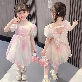 От 2 до 12 лет детское модное платье с блестками на молнии сзади с радужным бантом и крыльями, с короткими рукавами, платья для дня рождения для девочек, одежда принцессы 2T розовый