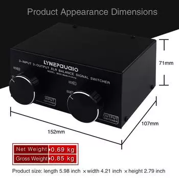 От 3 входов до 3 выходов, полностью балансный сигнал XLR, пассивный стереопереключатель, балансный переключатель чёрный