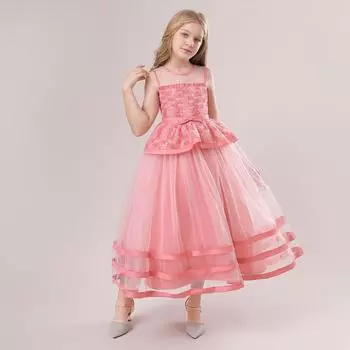 От 4 до 14 лет милое кружевное фатиновое платье с цветочным принтом для маленьких девочек на крестины, бальное платье принцессы на день рождения, платье для крещения новорожденных детей 120 розовый