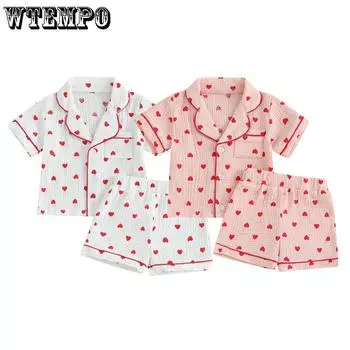 От 6 месяцев до 4 лет комплект одежды для маленьких девочек и мальчиков на День святого Валентина, топы с короткими рукавами, шорты с принтом сердца, летняя пижама 6-12M розовый