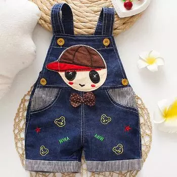 От 9 месяцев до 3 лет Детская шапка для мальчика с принтом маленького медвежонка, вышитые джинсовые подтяжки, шорты, джинсовый комбинезон 9-12M