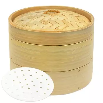 от кулинарии Набор из бамбука ручной работы из 2 корпусов и 1 пароварки для коммерческого использования с 50 листами бумаги специально для пароварки пароварка 21 см в
