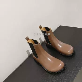 От кутюр Большие круглые ботинки Chelsea Короткие женские кожаные ботинки Martin на толстом каблуке Британские узкие ботинки-сигареты 35 коричневый