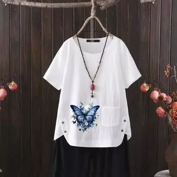 От пляжа до улицы: Женская летняя футболка в европейско-американском стиле с милым принтом и хлопковым V-образным вырезом. S белый