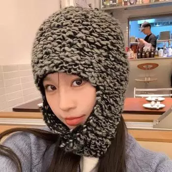 Отдел черно-белого сращивания контрастных цветов дизайнерская холодная шапка мужская и женская зимняя защита ушей теплая вязаная шапка из шерсти M56-58cm чёрный