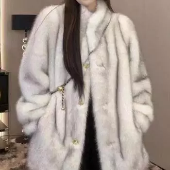 Отдел искусственный мех лисы экологически чистый мех средней и длинной зимней новинки 2024 года меховая куртка с воротником-стойкой свободное пальто S