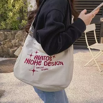 Отделение холщовая сумка женская студенческая версия класса ins ленивая большая вместительная сумка через плечо с вышивкой