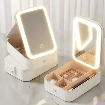Отделения для хранения косметики со светодиодной подсветкой Зеркало Перезаряжаемый Регулируемый ящик с 3 режимами освещения Многофункциональный футляр для ювелирных изделий Путешествия на открытом воздухе S бежевый