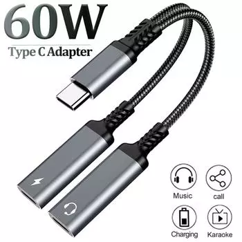 OTG 2 в 1 USB C разветвитель на двойной разъем USB C для наушников аудиоадаптер PD 60 Вт быстрое зарядное устройство для Samsung Huawei iPhone15 Xiaomi