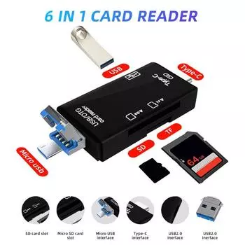 OTG SD TF Card Reader Высокоскоростная передача Type-C USB 2.0 Адаптер для карт памяти Micro USB Plug and Play Для ноутбука Поддержка 512 ГБ чёрный