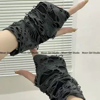 Отходы Почва Ветер Рваные Потертые Перчатки без пальцев Азиатская культура Панк Готика Темные Митенки Нарукавники Яби Y2g Нарукавник Black Gray [short 23cm]]