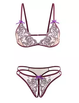 Открытая промежность перспектива сетчатая вышивка сексуальное нижнее белье перфорированное нижнее белье комплект нижнего белья [Qianqu] женское