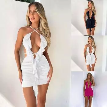 Открытая спина без рукавов кружево женская одежда пикантное женское платье бедра юбка S чёрный