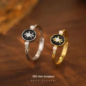 «Открытое кольцо Banyan Tree из серебра 925 пробы с черной глазурью и жемчугом — стиль ретро во французском стиле» Adjustable opening белого золота