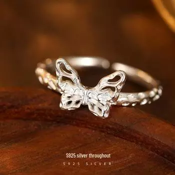 Открытое кольцо Banyan Tree S925 Silver Butterfly Textured Womens - Light Luxury, уникальный дизайн, новое поступление RS3020, Adjustable opening серебряный