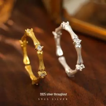 Открытое кольцо Banyan Tree S925 Silver Lux Zircon Bamboo для женщин RS3063, Adjustable opening золотой