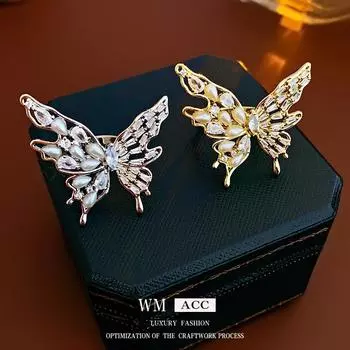 Открытое кольцо из настоящего золота с гальваническим цирконом и жемчугом-бабочкой, уникальное модное кольцо на указательный палец, индивидуальное и элегантное изделие ручной работы для женщин 2#