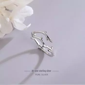 Открытое кольцо из стерлингового серебра 925 пробы с веткой рогов оленя — японский и корейский стиль, минималистичный и элегантный дизайн Adjustable opening платиновый