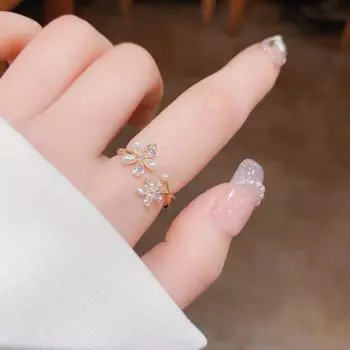 Открытое кольцо с цветком из циркония и жемчуга в корейском стиле - элегантный и модный аксессуар для указательного пальца Thickened Real Gold Plating